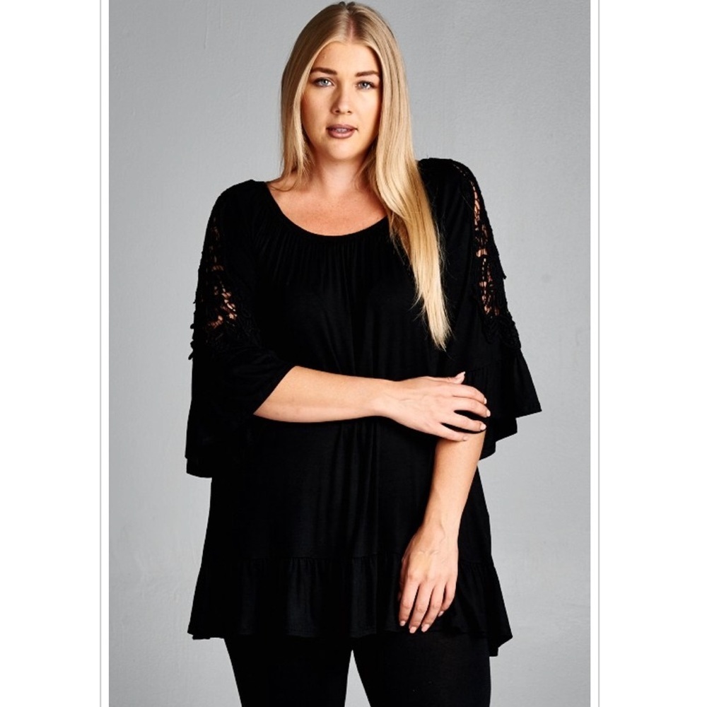 1X Black Lace Trim Top Blouse Plus Size